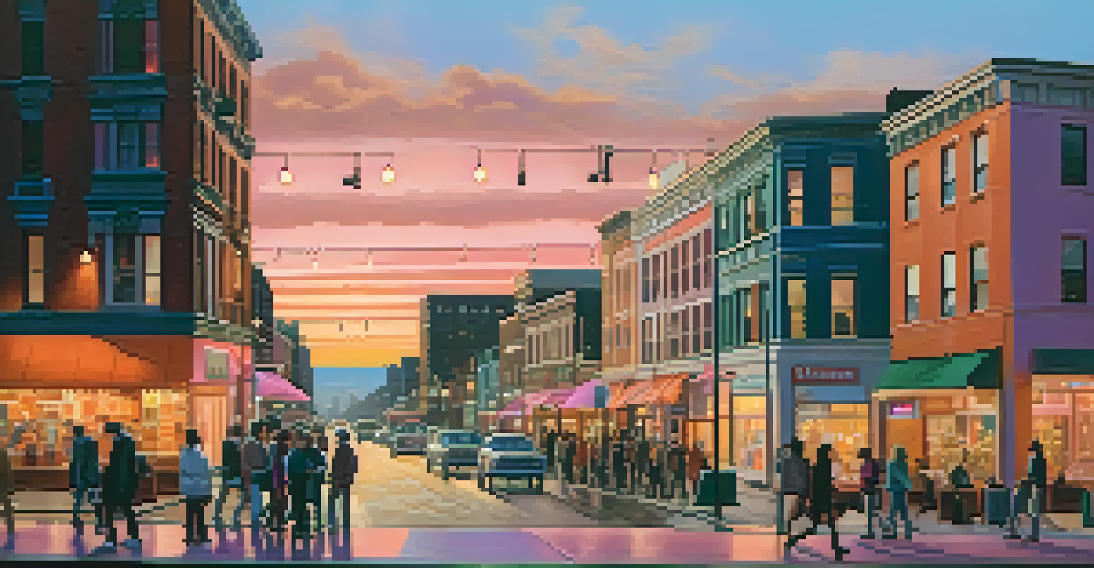 A busy city street at sunset with people, colorful shops, and a sky in shades of orange and pink, and streetlights turning on.