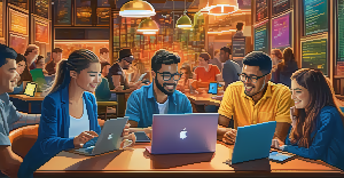 A diverse group of young investors in a coffee shop, engaging with Bitcoin charts on their devices.
