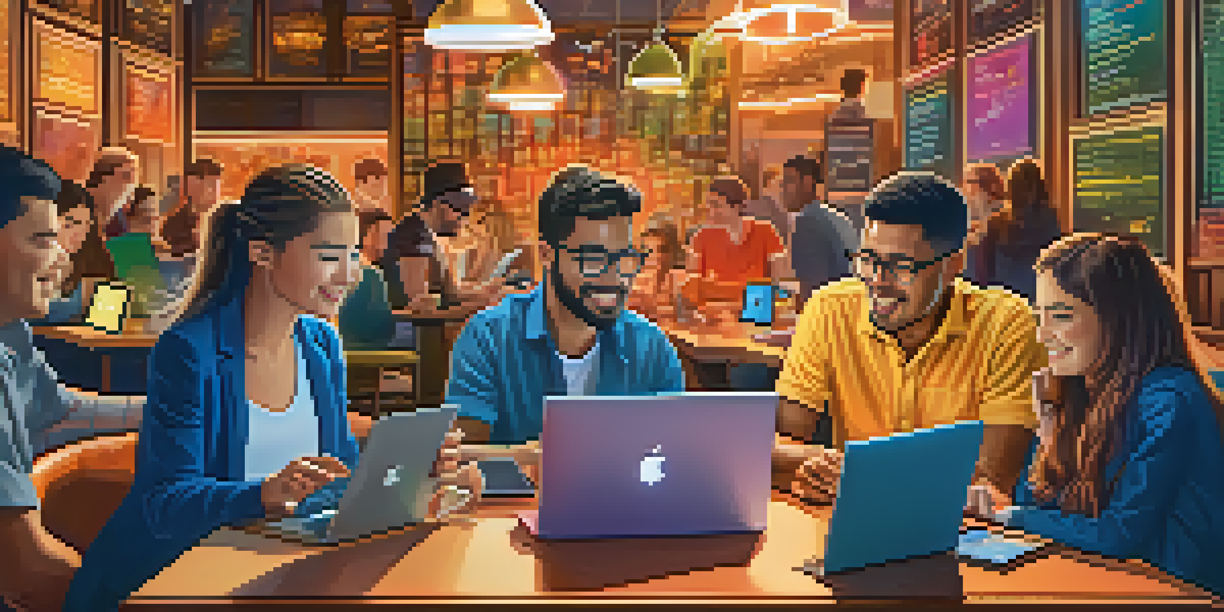 A diverse group of young investors in a coffee shop, engaging with Bitcoin charts on their devices.
