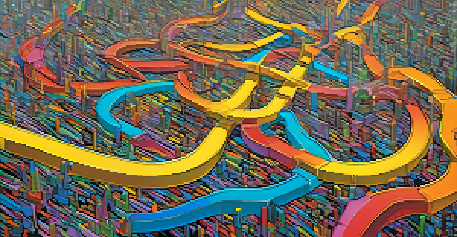An abstract illustration of CoinJoin with colorful streams of Bitcoin merging in a chaotic marketplace.