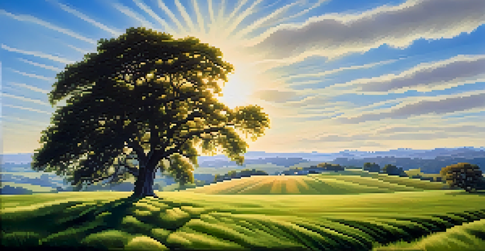 A beautiful green field with a large tree under a clear blue sky, illuminated by golden sunlight, and soft hills in the background.