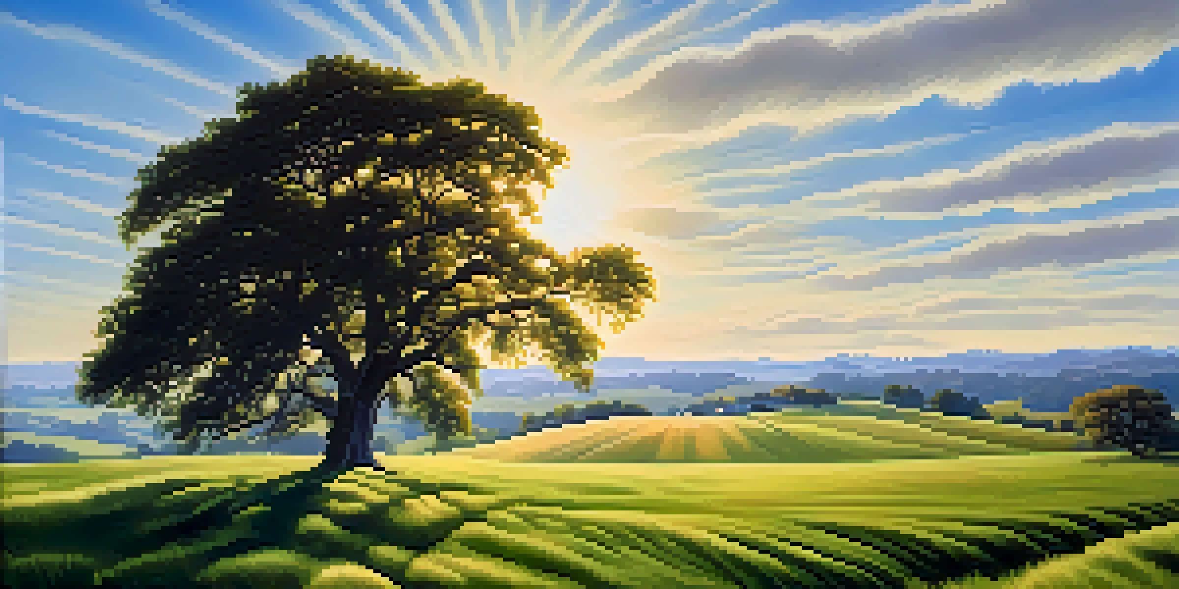 A beautiful green field with a large tree under a clear blue sky, illuminated by golden sunlight, and soft hills in the background.