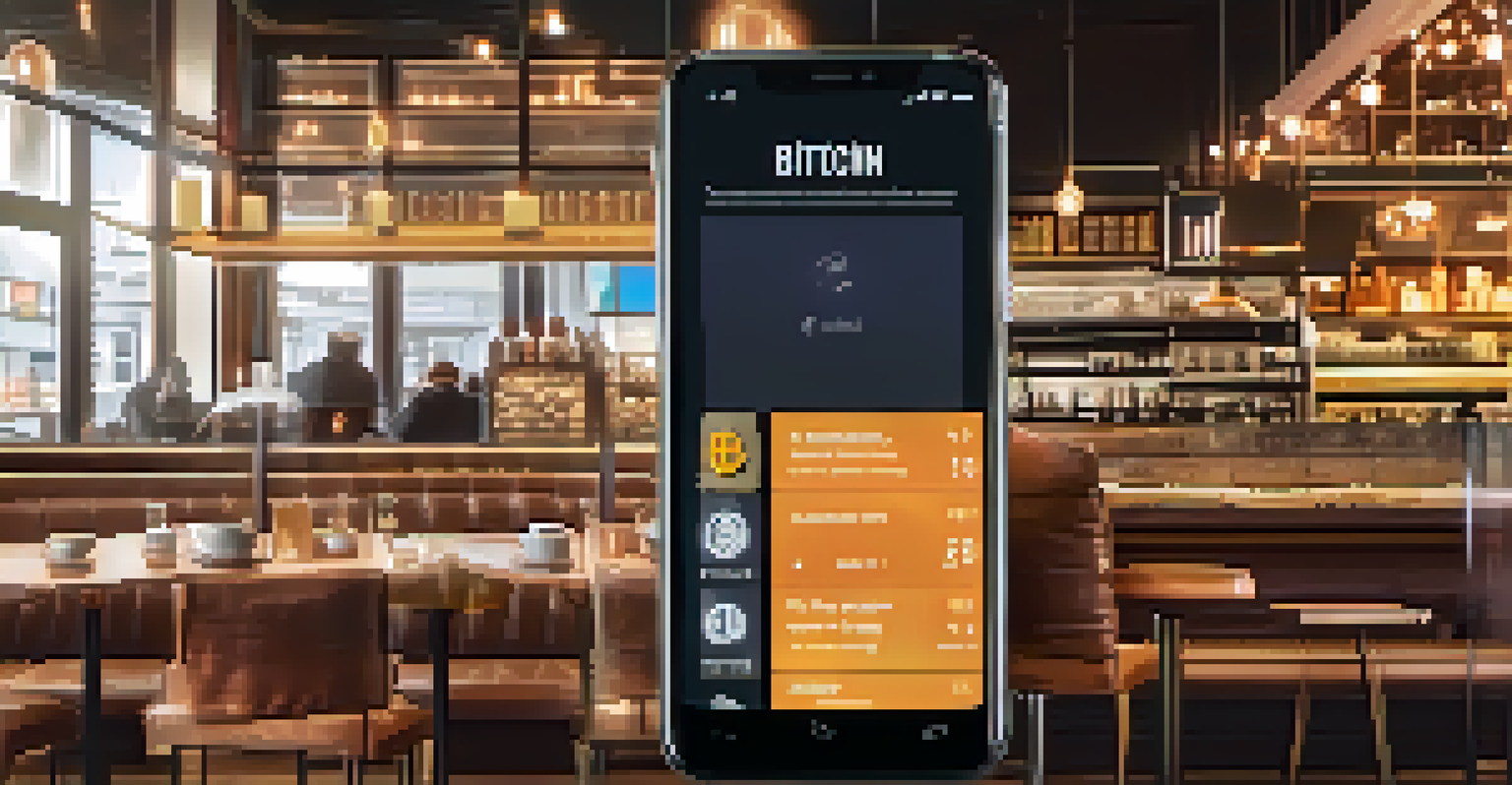 A smartphone displaying a modern Bitcoin wallet interface in a cozy café setting.