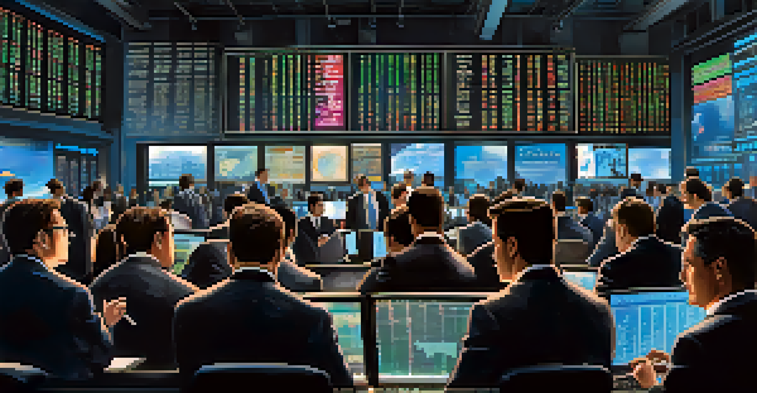 A group of investors analyzing stock and Bitcoin charts in a modern trading room.