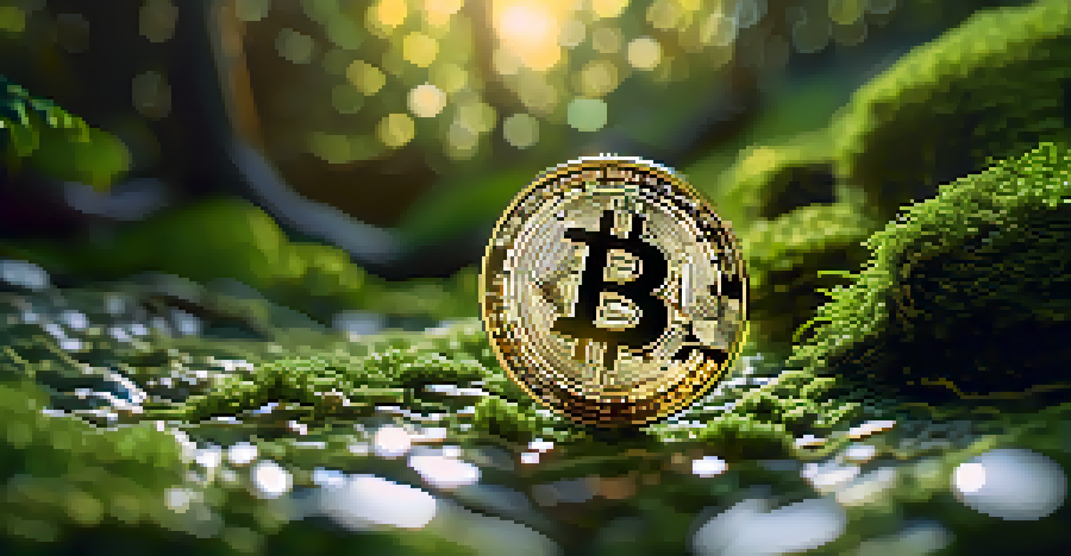 A close-up of a Bitcoin coin on green moss with sunlight filtering through leaves.