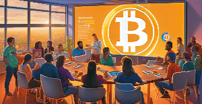A diverse group of people in a modern nonprofit office discussing Bitcoin fundraising strategies around a digital screen with the Bitcoin logo.