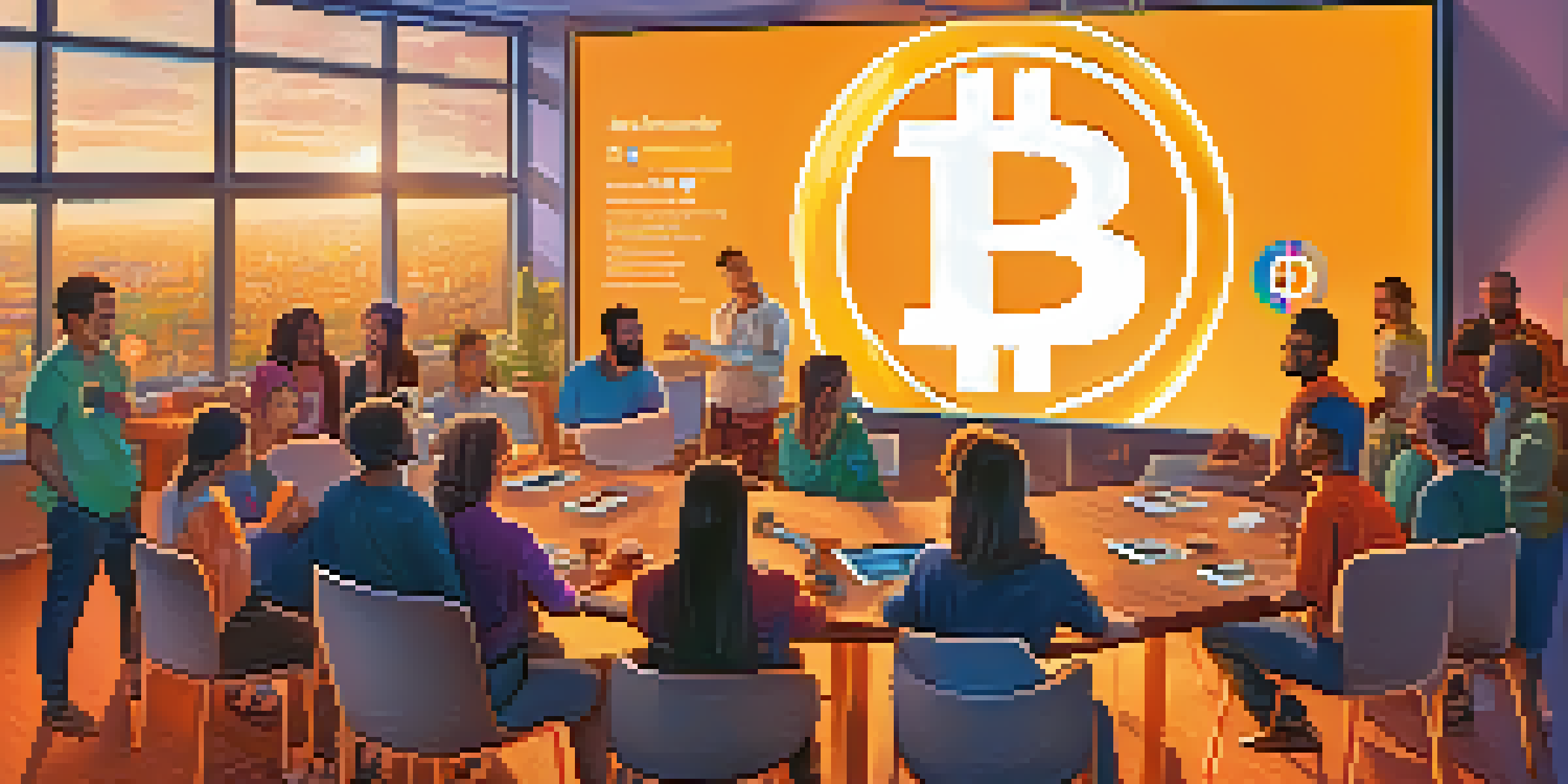 A diverse group of people in a modern nonprofit office discussing Bitcoin fundraising strategies around a digital screen with the Bitcoin logo.