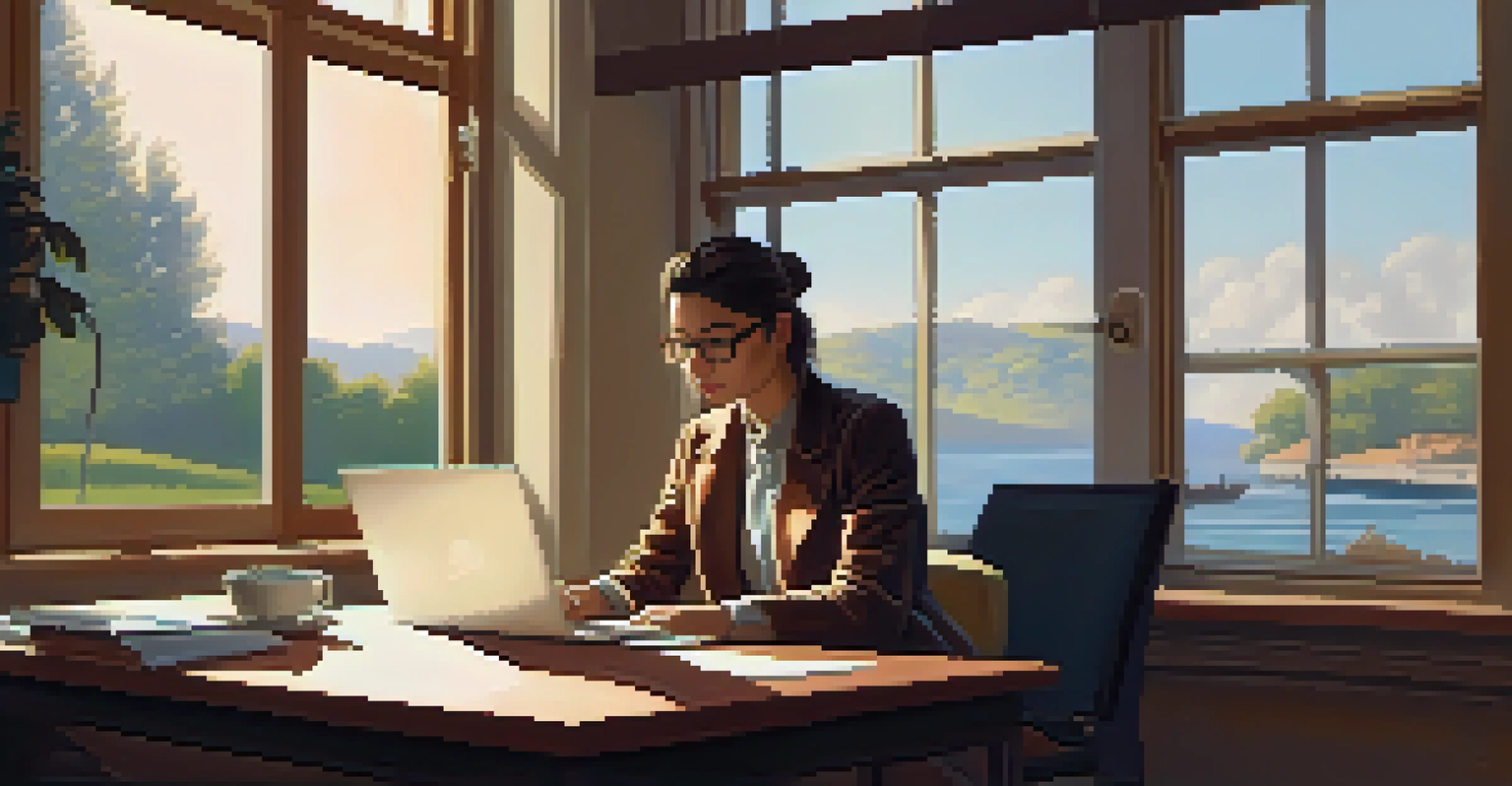 A worried person reading a phishing email on their laptop at a desk, with a cozy room setting.