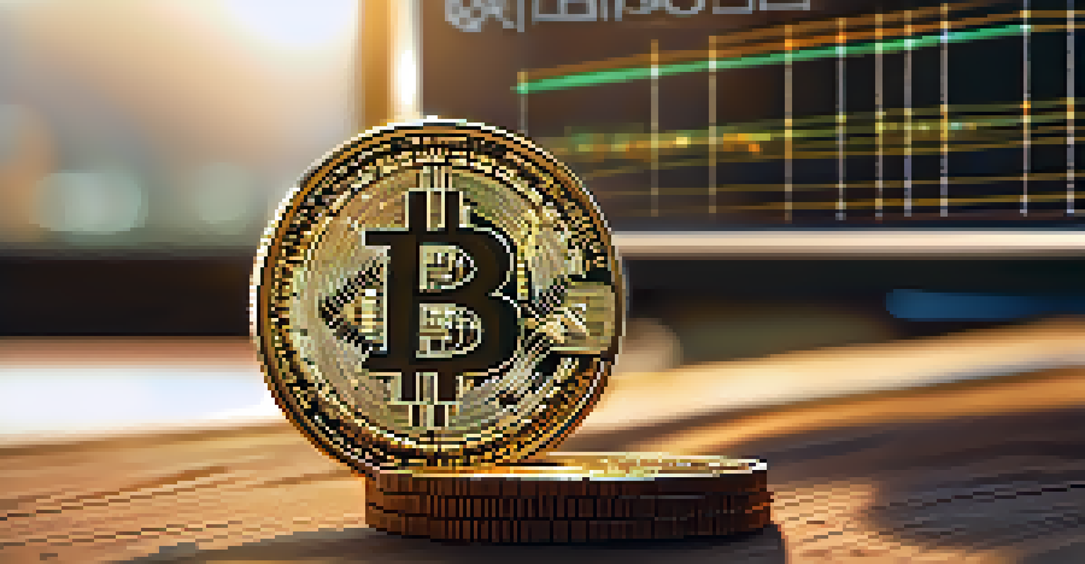 A close-up of a Bitcoin coin on a wooden table with sunlight illuminating its design, and blurred mining rig in the background.