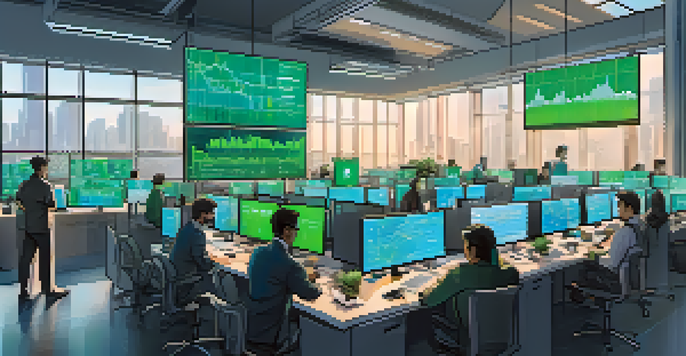 A busy Bitcoin exchange office filled with individuals analyzing cryptocurrency data on multiple screens.