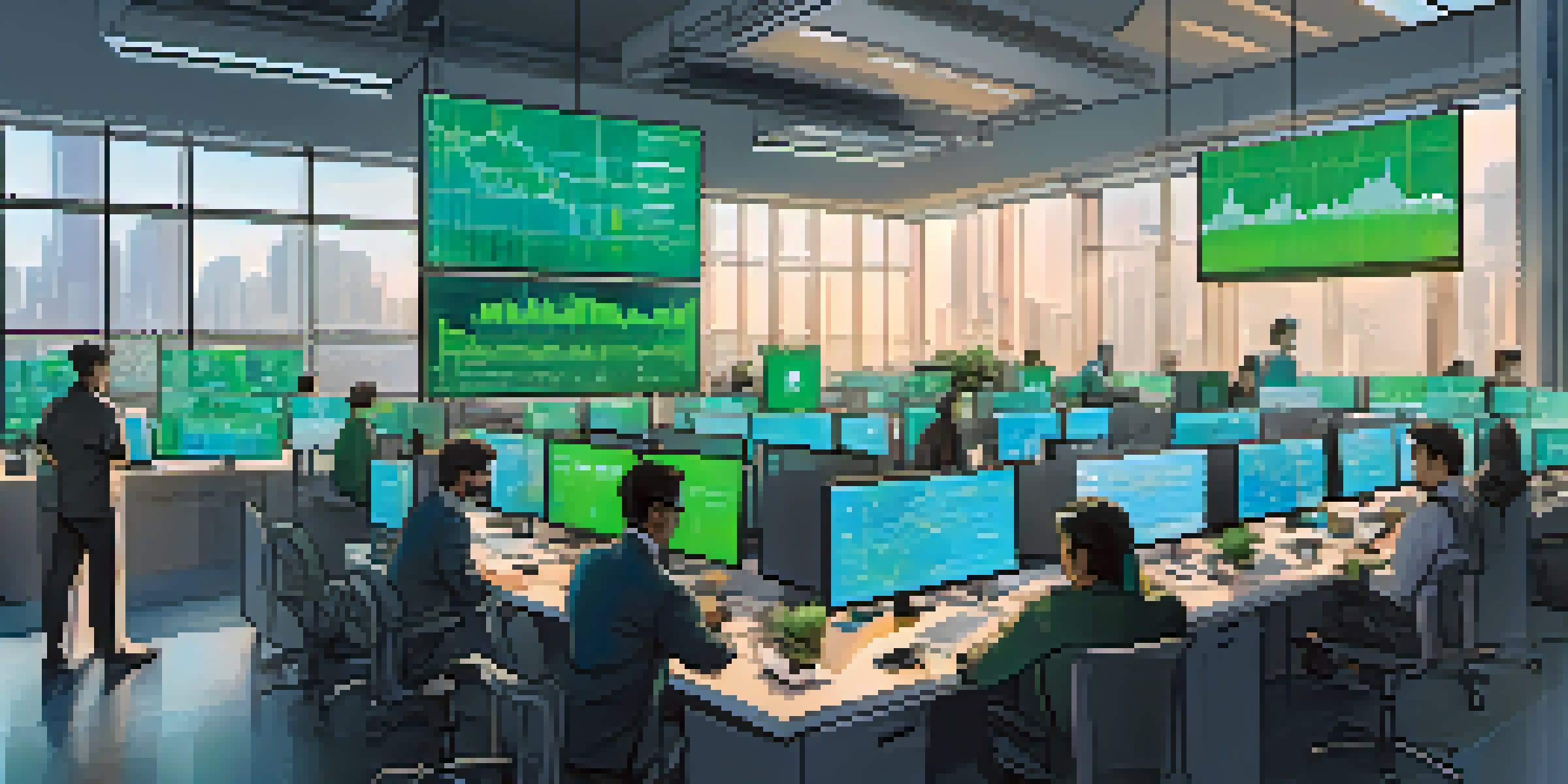 A busy Bitcoin exchange office filled with individuals analyzing cryptocurrency data on multiple screens.