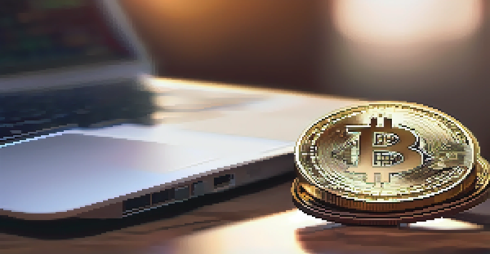 A close-up view of a Bitcoin hardware wallet on a wooden surface, illuminated by natural light, with a blurred laptop screen in the background.