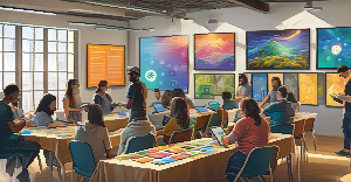 A diverse group of people participating in a Bitcoin workshop, with an instructor using a tablet and colorful educational materials around them.