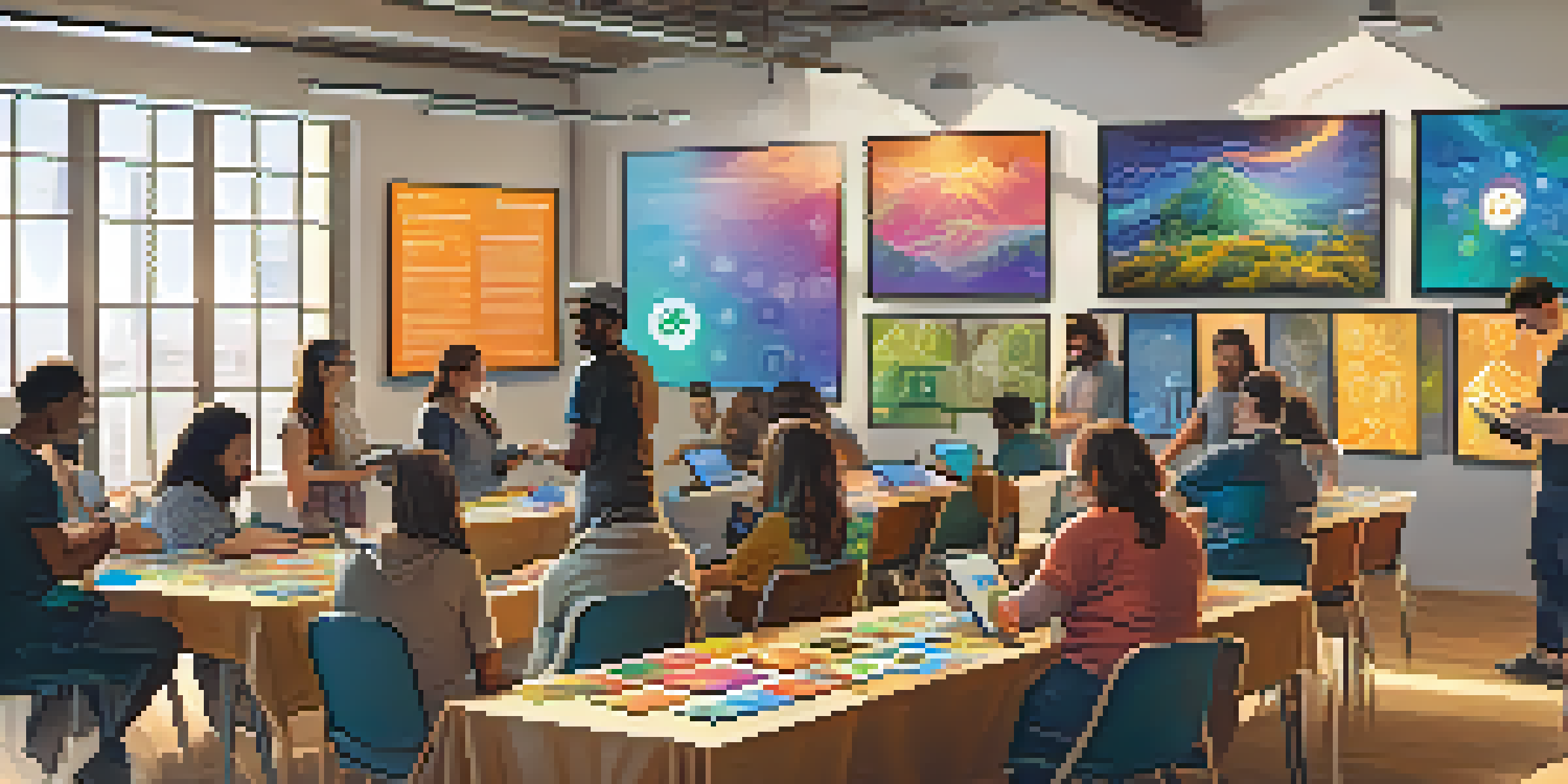 A diverse group of people participating in a Bitcoin workshop, with an instructor using a tablet and colorful educational materials around them.