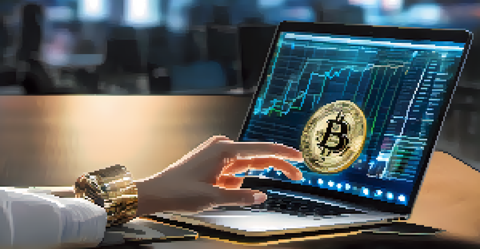 A close-up of a hand holding a Bitcoin with a digital price display in the background.