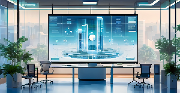 A futuristic office with professionals discussing supply chain strategies in front of a digital screen showing blockchain transactions.