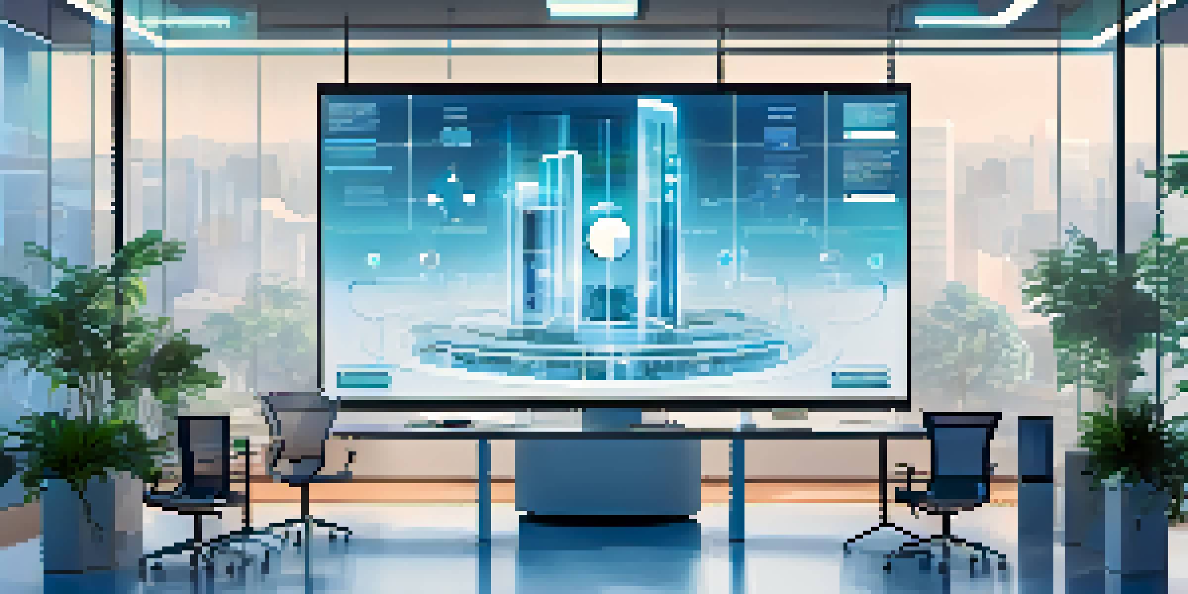 A futuristic office with professionals discussing supply chain strategies in front of a digital screen showing blockchain transactions.