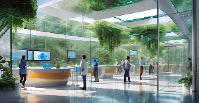 A modern healthcare facility with patients and digital screens showing medical records, emphasizing technology and transparency.