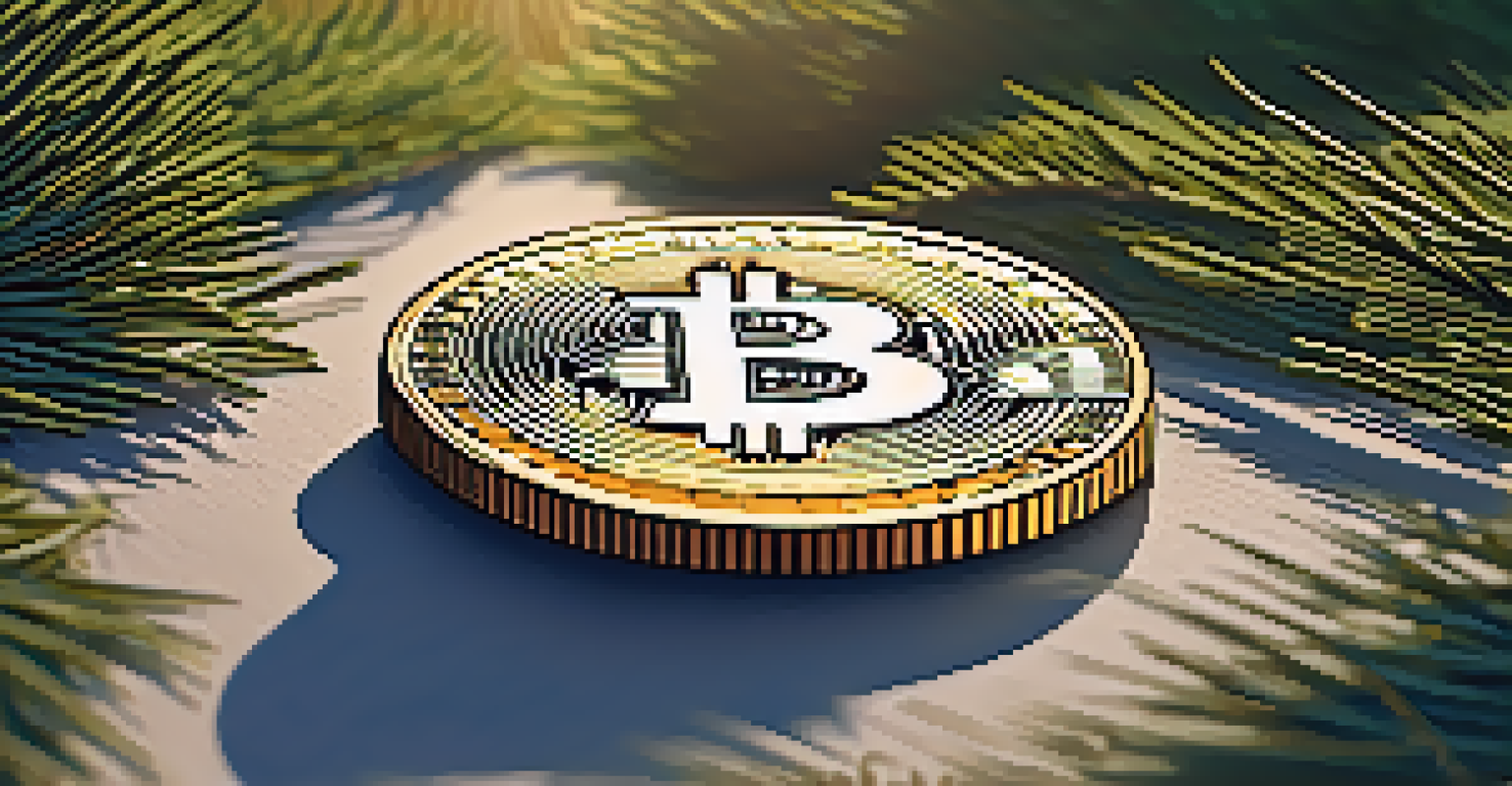 A close-up of a Bitcoin coin on pine needles in a forest, with sunlight filtering through the trees.