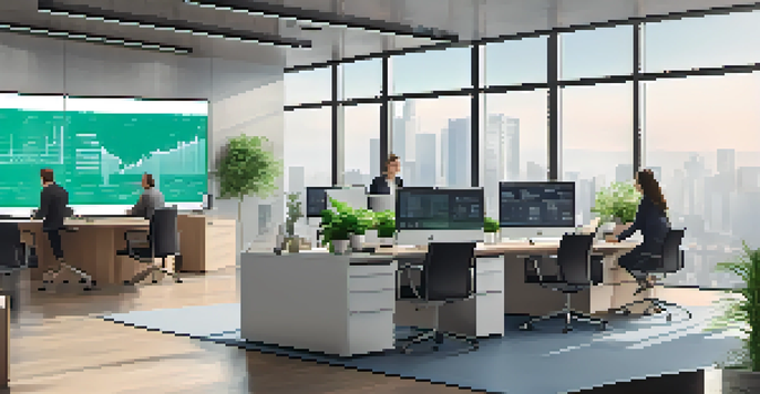 A modern corporate office with a digital display of Bitcoin charts and professionals discussing around a table, illuminated by natural light.