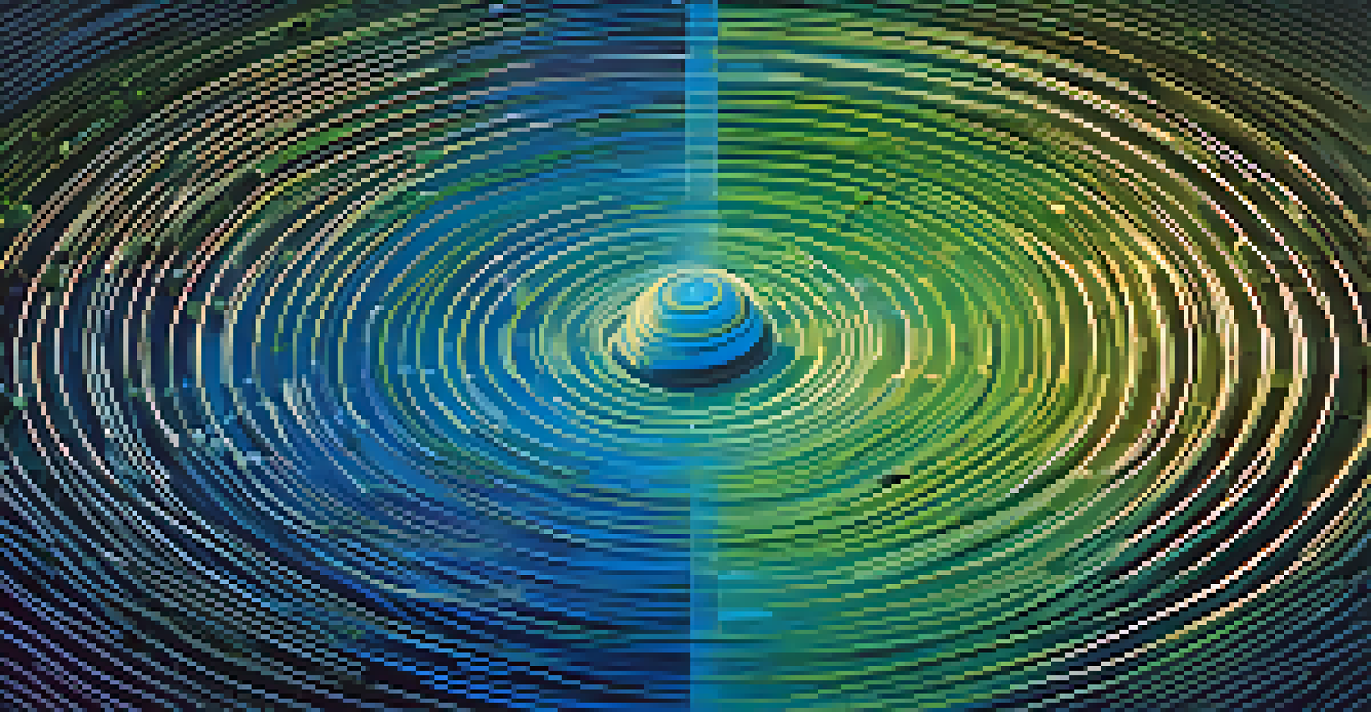An abstract image showing expanding circles representing scalability in Bitcoin, with shades of blue and green on a gradient background.