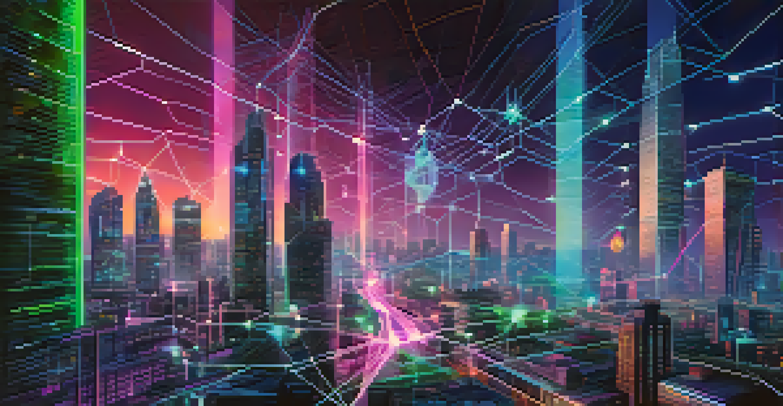 An artistic representation of a digital ledger with flowing transaction data against a futuristic city backdrop.