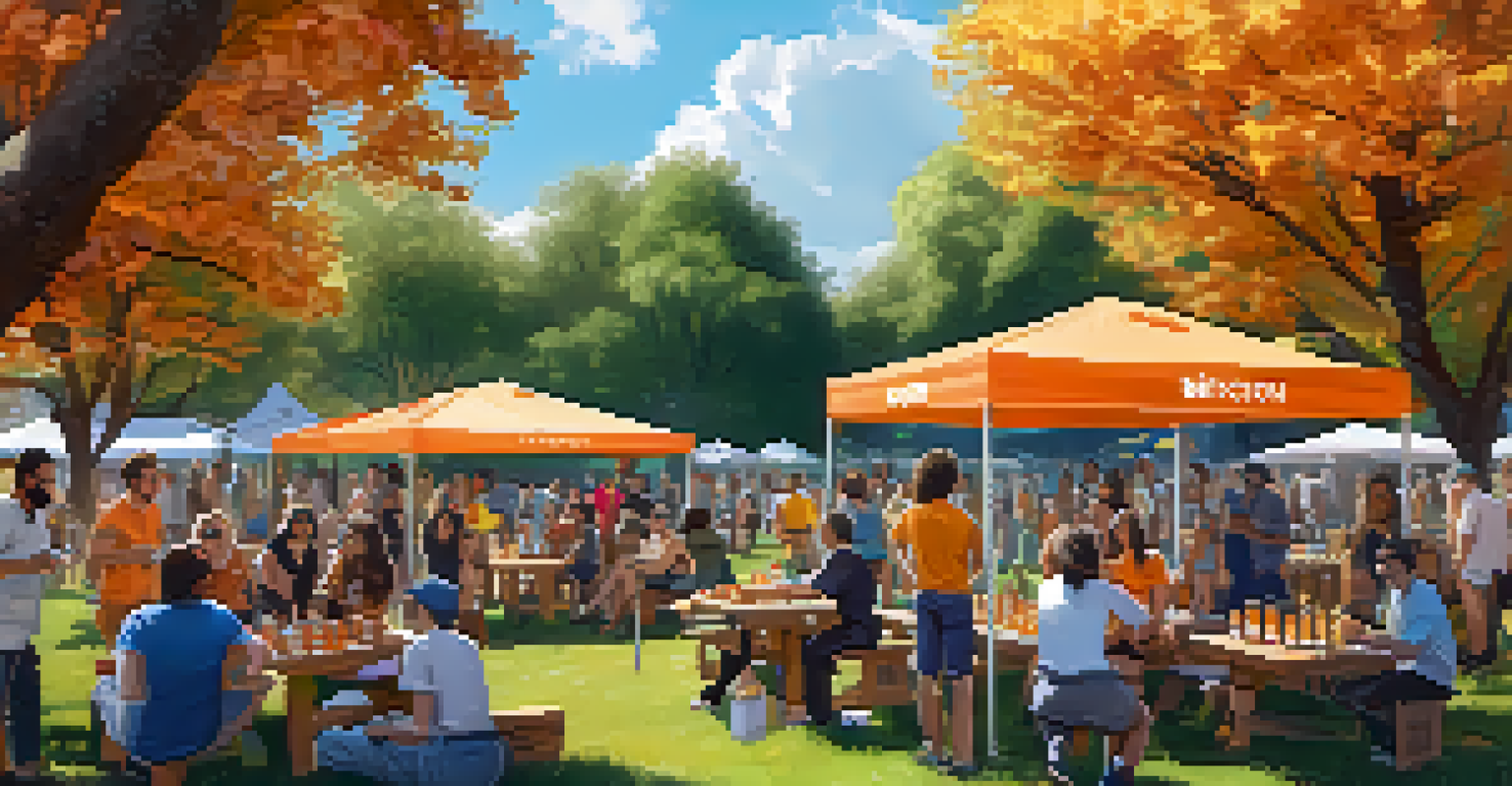 A lively outdoor Bitcoin meetup in a park, featuring people mingling and enjoying refreshments at picnic tables.