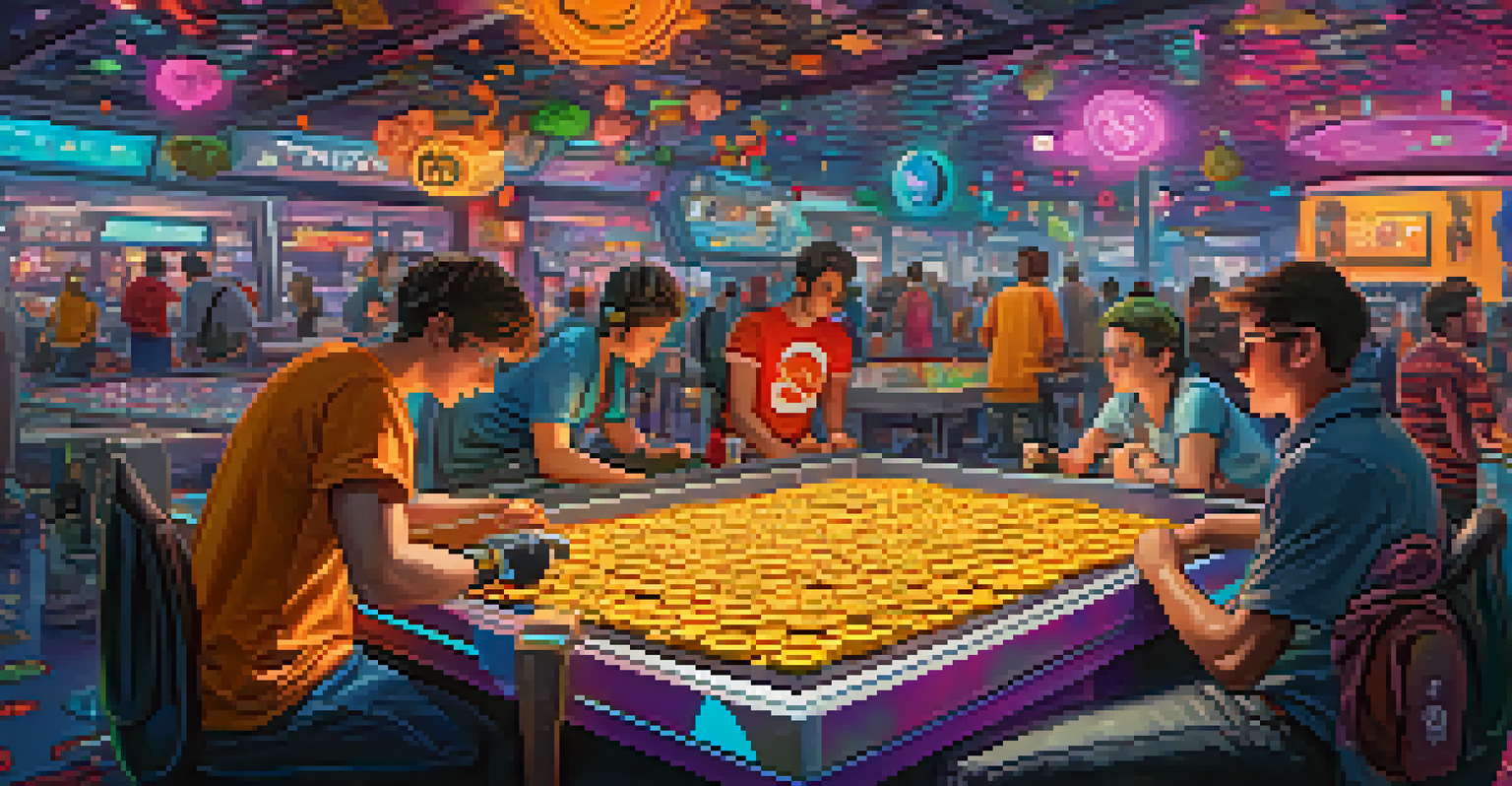 Gamers interacting in a colorful virtual world, trading digital collectibles with Bitcoin elements.