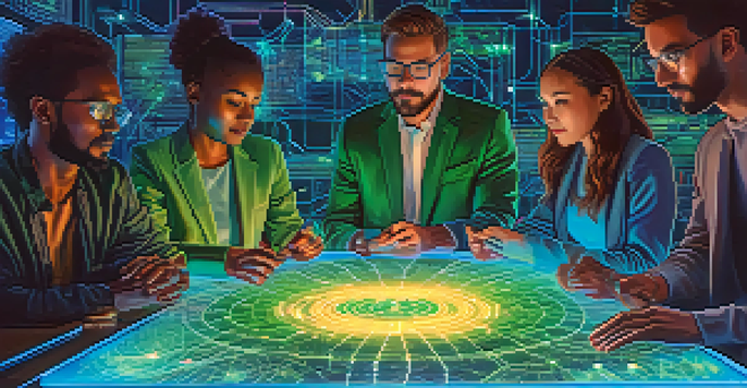A diverse group of people discussing blockchain technology around a digital table with holographic images.