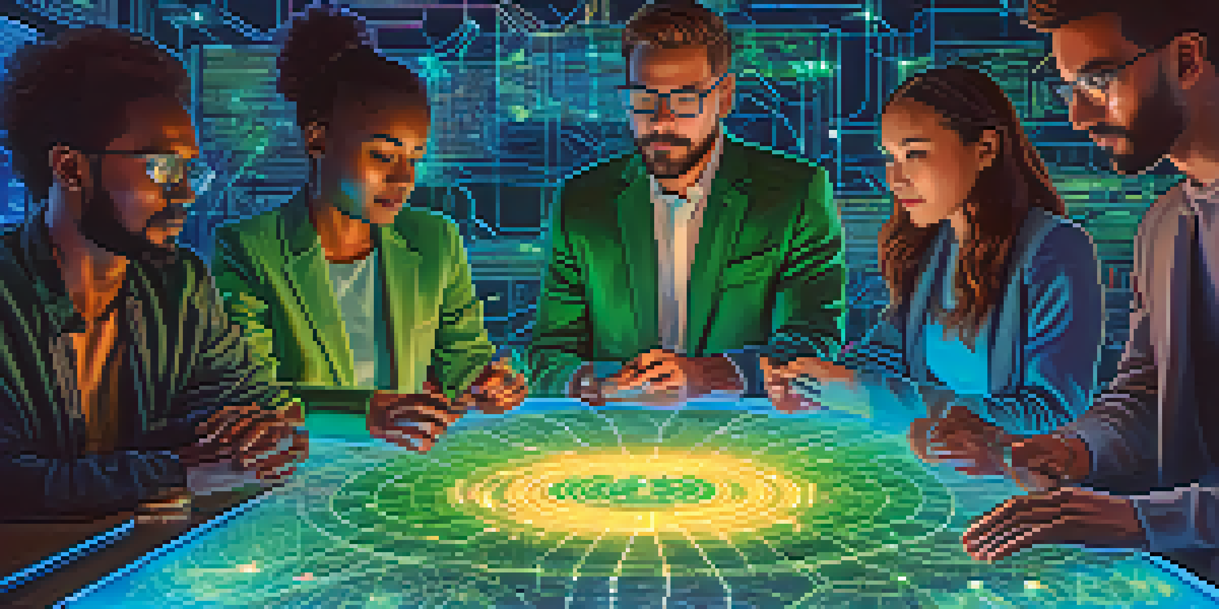 A diverse group of people discussing blockchain technology around a digital table with holographic images.