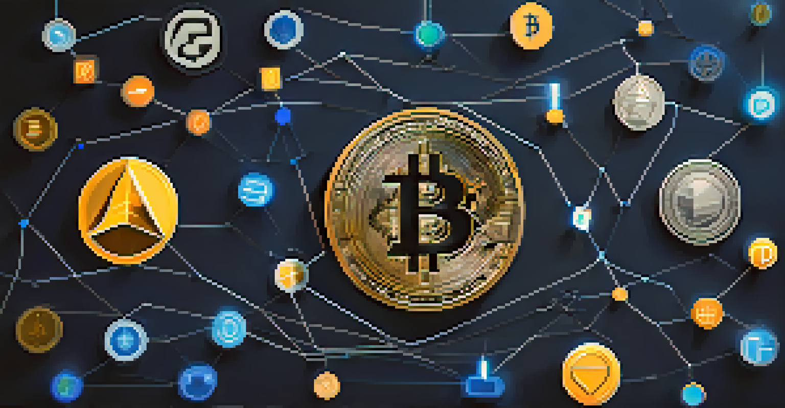 An abstract image showing interconnected cryptocurrency icons on a dark blue background with glowing lines.