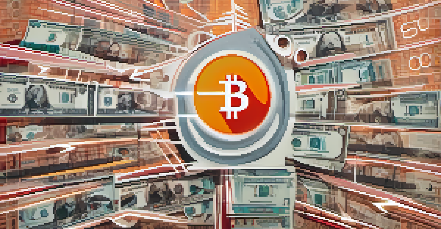 An abstract graph depicting inflation with rising arrows, stacks of coins, and Bitcoin symbols in warm colors.