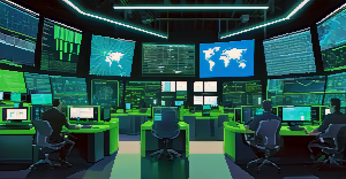 A modern supply chain control room with professionals analyzing blockchain data on multiple screens.