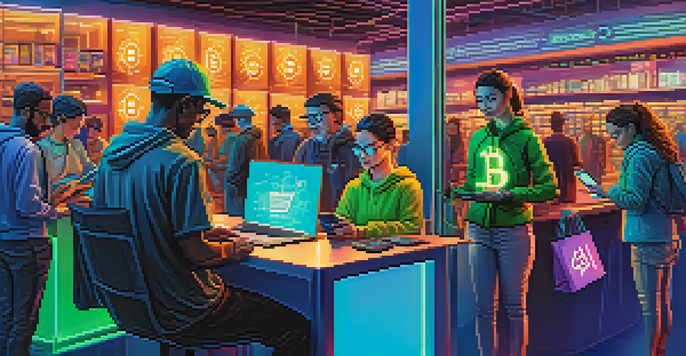 A diverse group of individuals shopping online in a modern e-commerce environment, with Bitcoin symbols in the background.