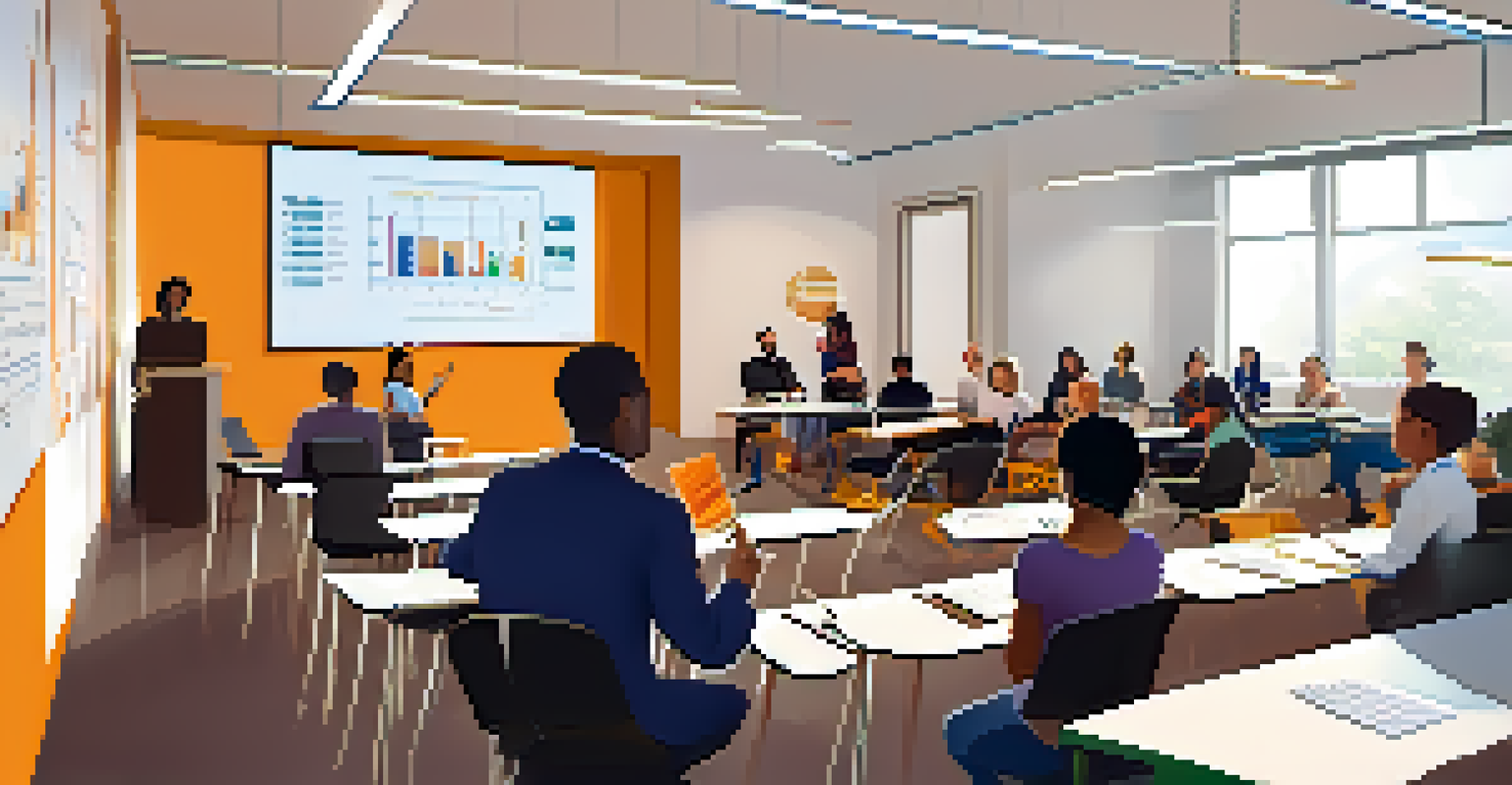 A workshop with a facilitator explaining Bitcoin concepts to a diverse audience using modern technology and charts.