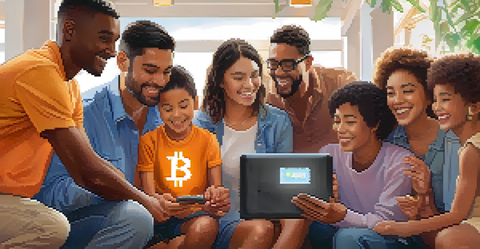A diverse group of individuals gathered around a mobile device, smiling and engaging with Bitcoin technology.