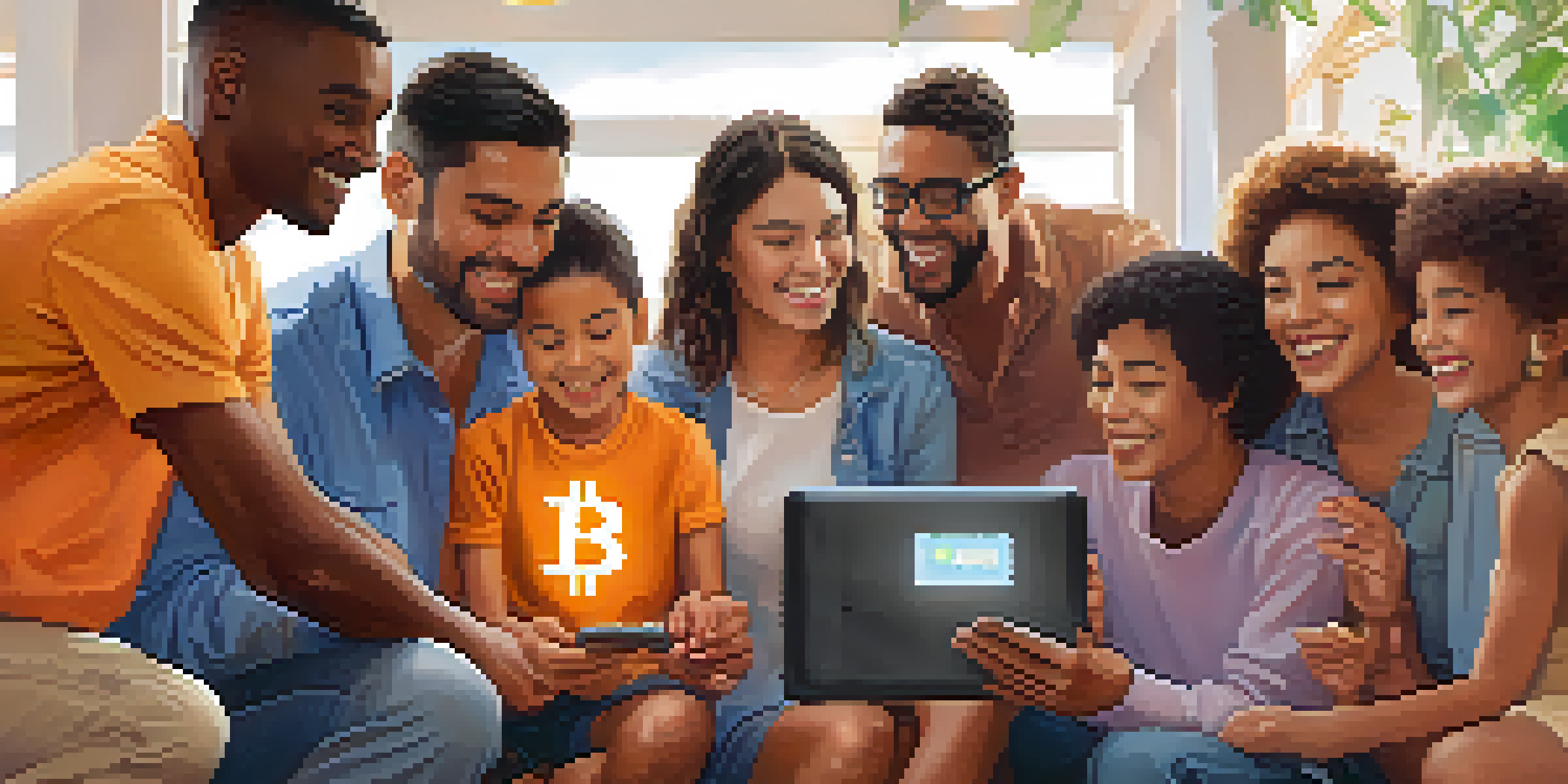 A diverse group of individuals gathered around a mobile device, smiling and engaging with Bitcoin technology.