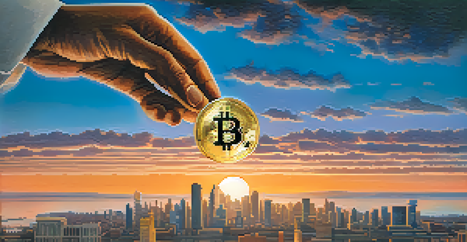 Two hands, one holding a Bitcoin and the other a regulatory document, with a city skyline at sunset in the background.