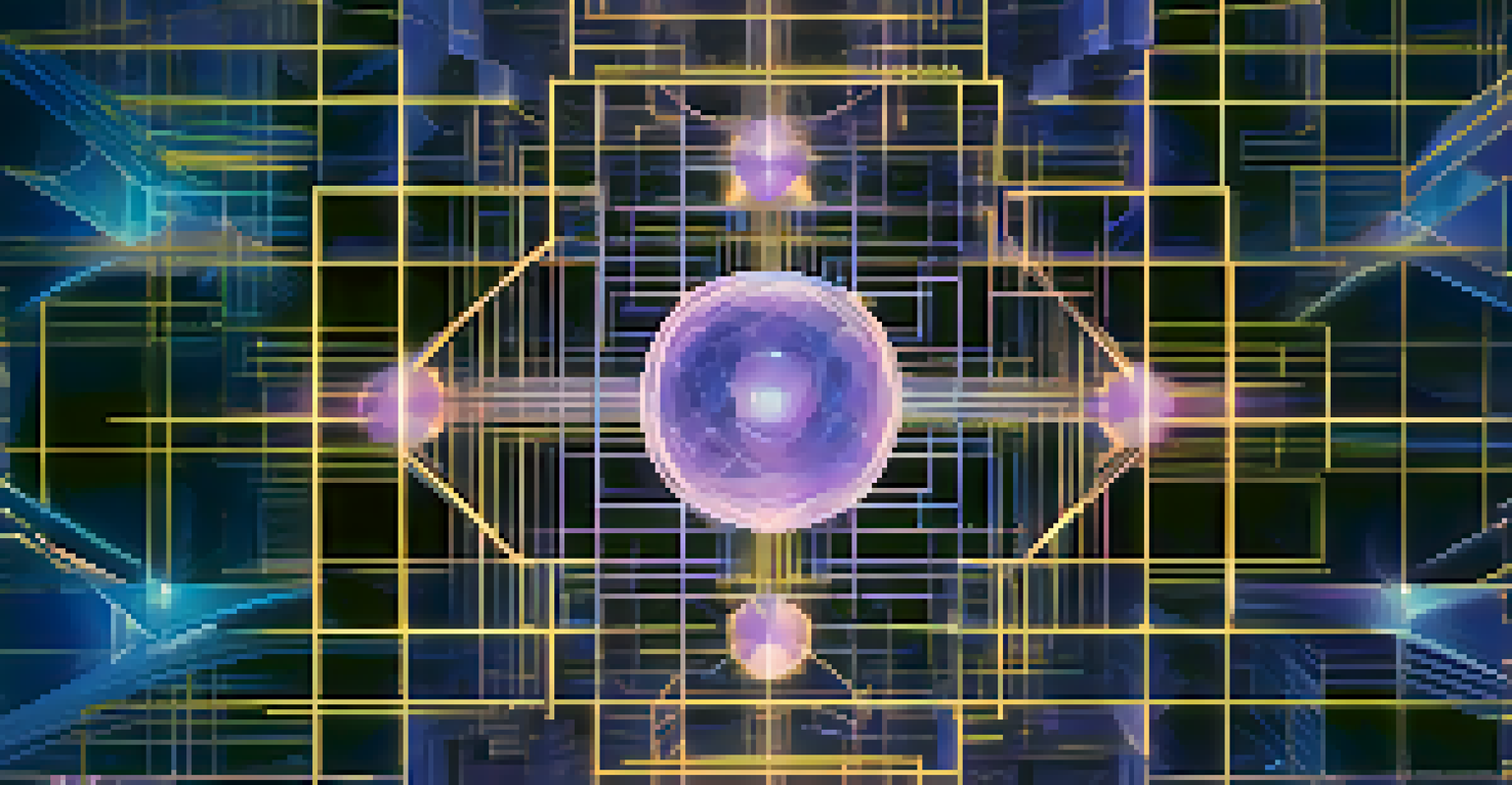 An abstract representation of blockchain technology with interlinked geometric shapes and glowing lines in blue, purple, and gold colors.