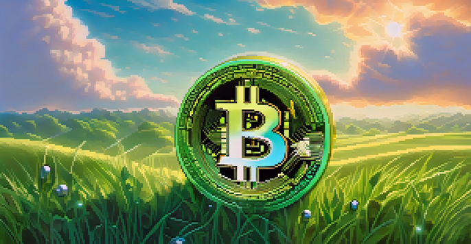 A peaceful landscape with a glowing Bitcoin symbol surrounded by green grass and a blue sky.