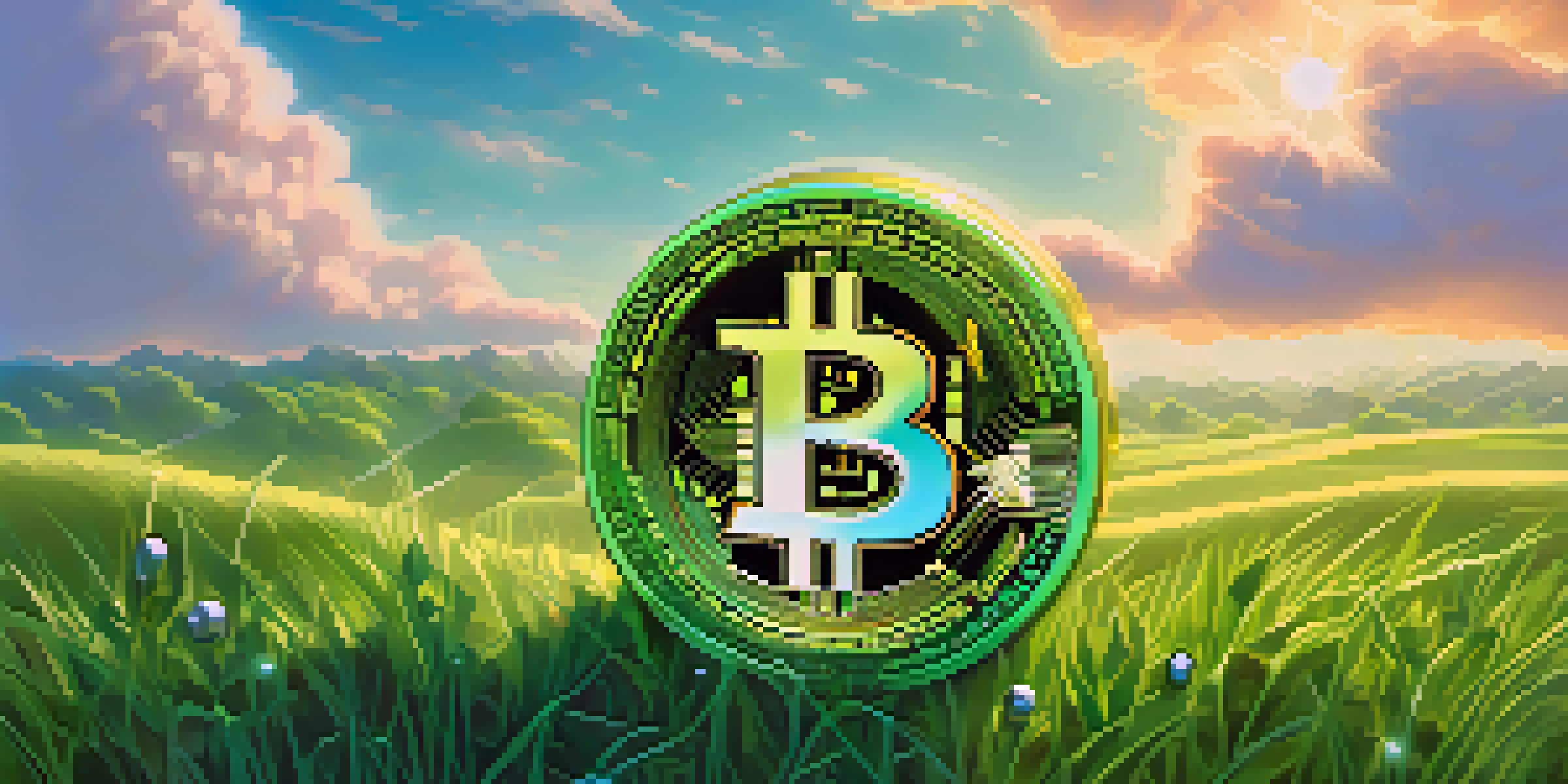 A peaceful landscape with a glowing Bitcoin symbol surrounded by green grass and a blue sky.