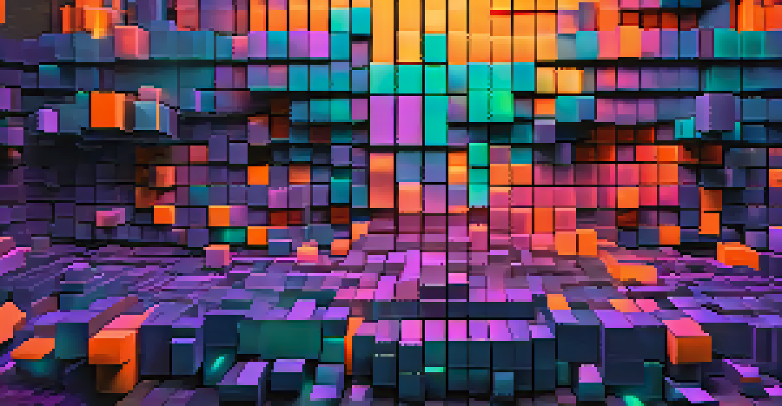 An abstract 3D representation of blockchain technology with glowing cubes interconnected in a dark space.