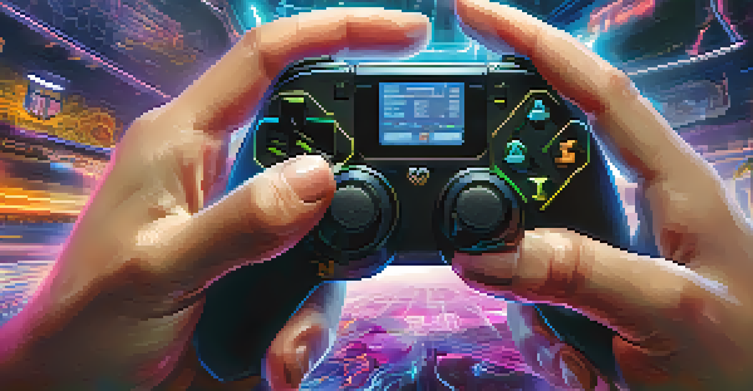 A player's hands on a gaming controller with a digital overlay of Bitcoin transaction details.