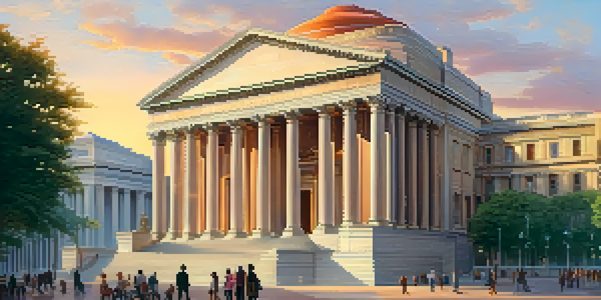 An elegant central bank building with classical architecture during sunset, surrounded by a busy city and people walking.