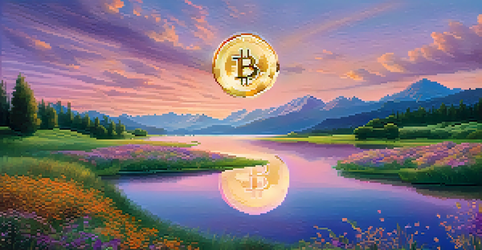 A tranquil sunset landscape with a golden Bitcoin symbol floating above a lake, surrounded by green grass and wildflowers.