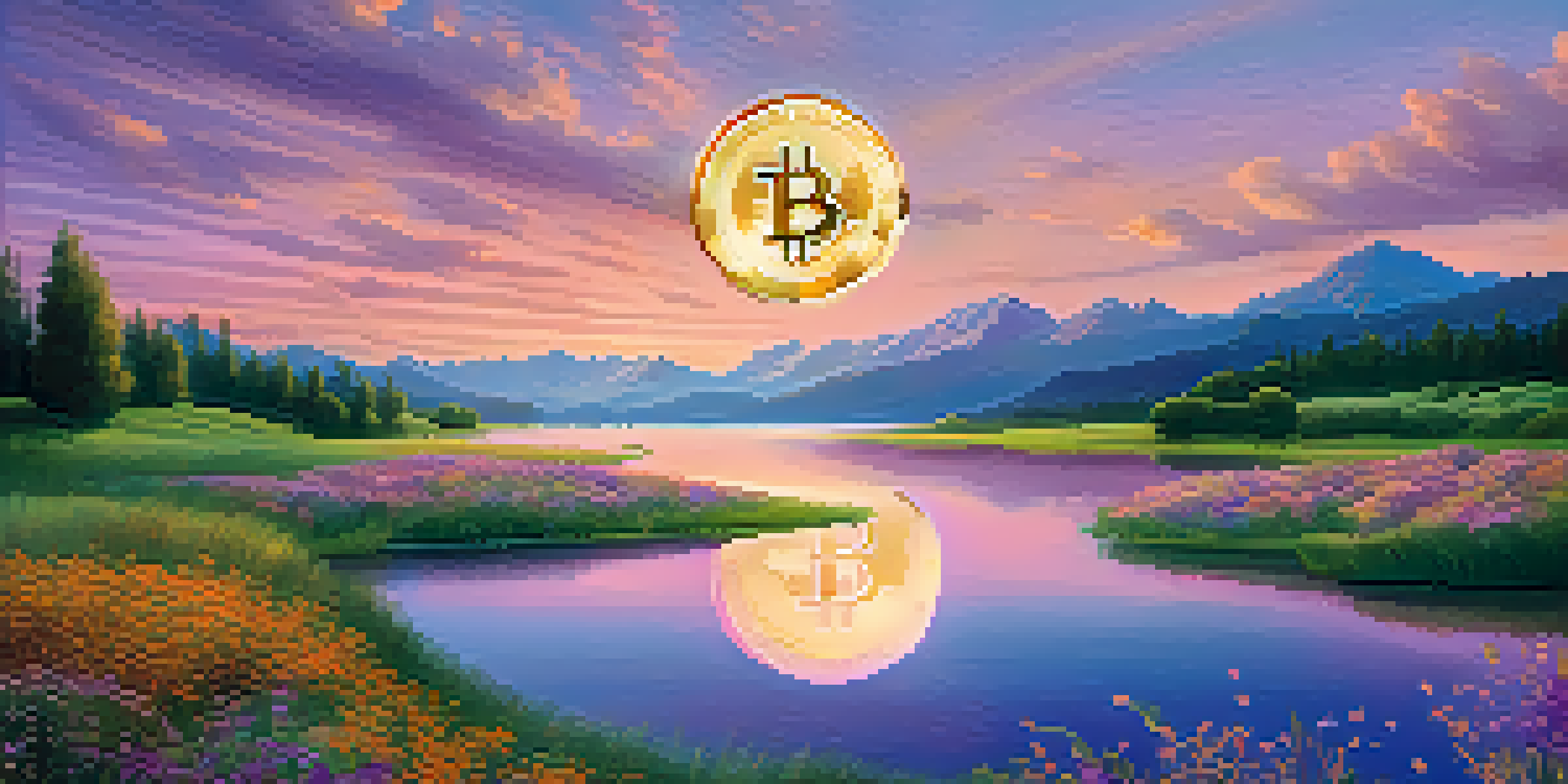 A tranquil sunset landscape with a golden Bitcoin symbol floating above a lake, surrounded by green grass and wildflowers.