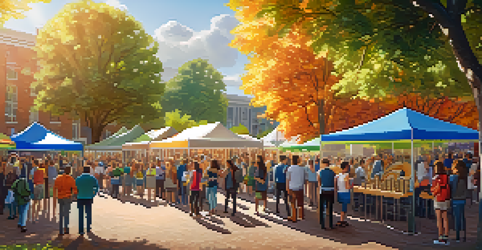 A community event promoting Bitcoin donations in a park, with booths, banners, and people engaging in conversation.