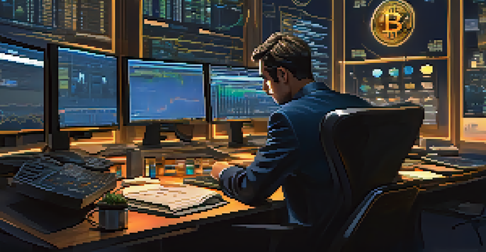 A trader sitting at a desk filled with trading charts and Bitcoin symbols, illuminated by a warm desk lamp in a dimly lit room.
