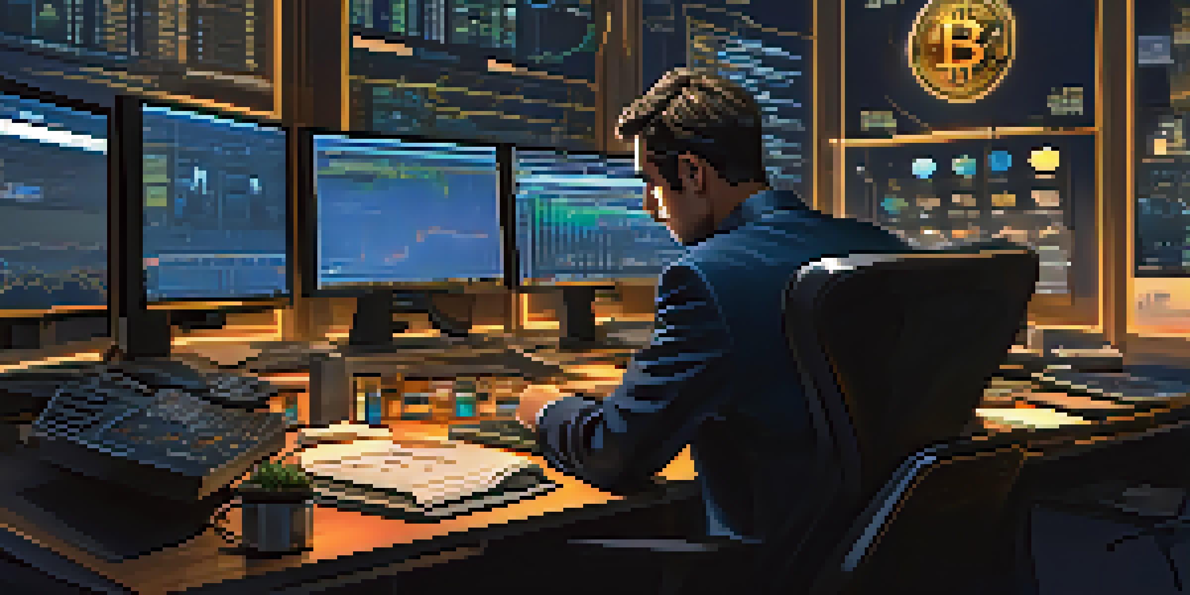 A trader sitting at a desk filled with trading charts and Bitcoin symbols, illuminated by a warm desk lamp in a dimly lit room.