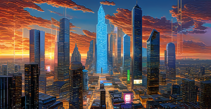 A futuristic city with Bitcoin and smart contracts symbols in the sky, showcasing a vibrant urban landscape at sunset.